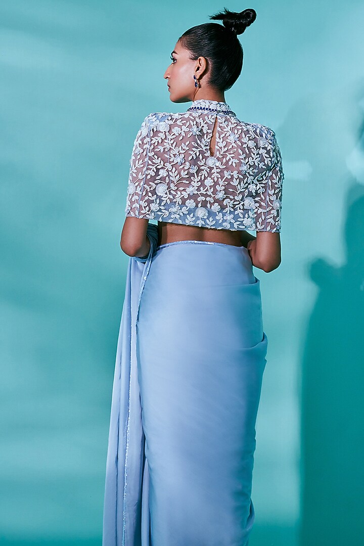 Blue Silk Satin Floral & Beads Embroidered Wedding Saree Set by Nayantaara at Pernia's Pop Up Shop