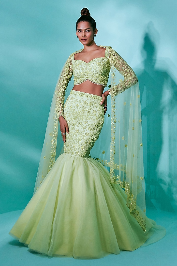 Garden Green Tulle Floral & Sequins Embroidered Lehenga set by Nayantaara