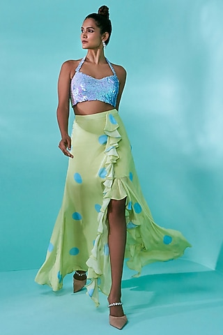 Green & Blue Crepe Polka Printed Ruffled Skirt Set by Nayantaara