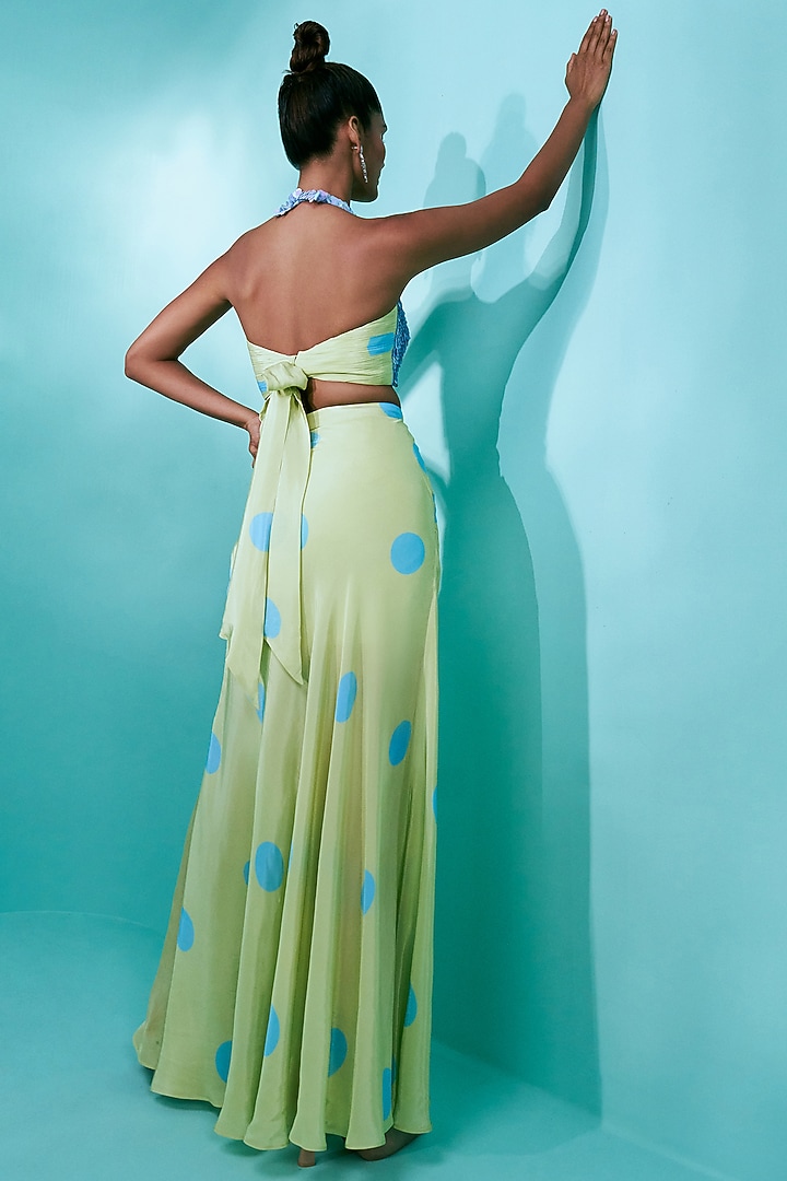 Green & Blue Crepe Polka Printed Ruffled Skirt Set by Nayantaara at Pernia's Pop Up Shop