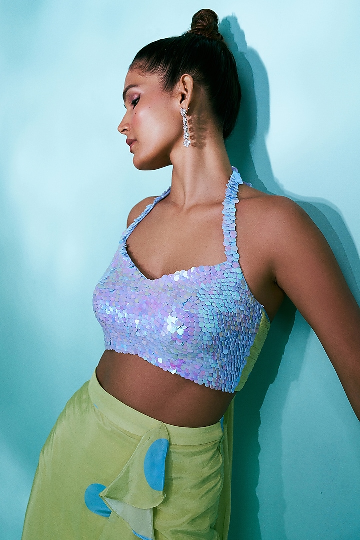 Green & Blue Crepe Polka Printed Ruffled Skirt Set by Nayantaara at Pernia's Pop Up Shop
