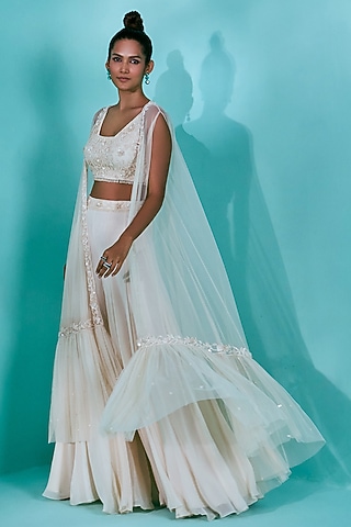 Cream Net Gathered Cape Set by Nayantaara