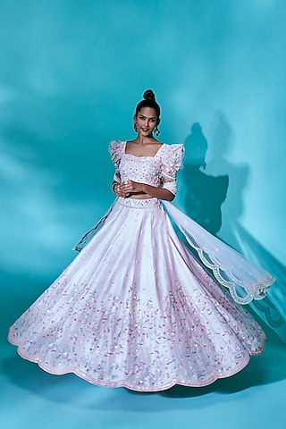 Light Pink Pure Raw Silk Aari Hand Embroidered Lehenga set by Nayantaara