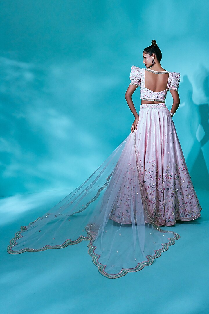 Light Pink Pure Raw Silk Aari Hand Embroidered Wedding Lehenga set by Nayantaara at Pernia's Pop Up Shop