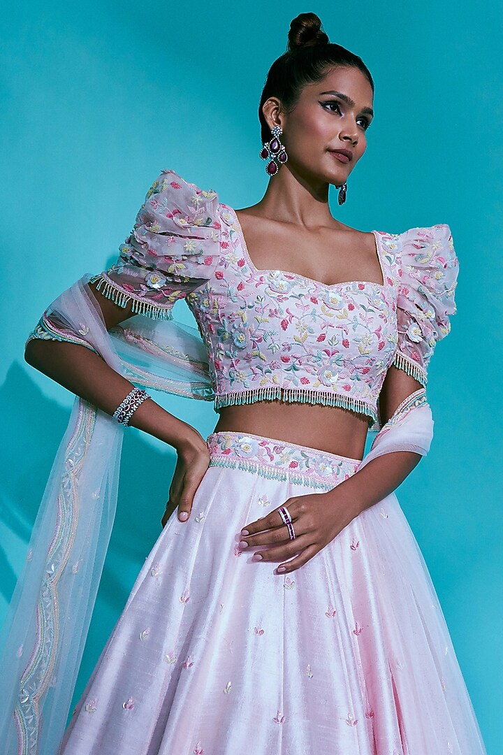 Light Pink Pure Raw Silk Aari Hand Embroidered Wedding Lehenga set by Nayantaara at Pernia's Pop Up Shop