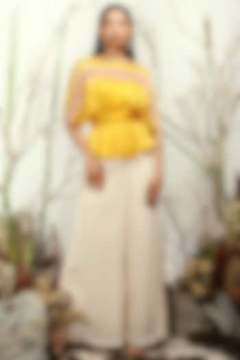Yellow & Beige Flared Pant Set by Nayantara Couture