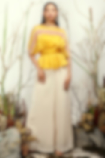 Yellow & Beige Flared Pant Set by Nayantara Couture