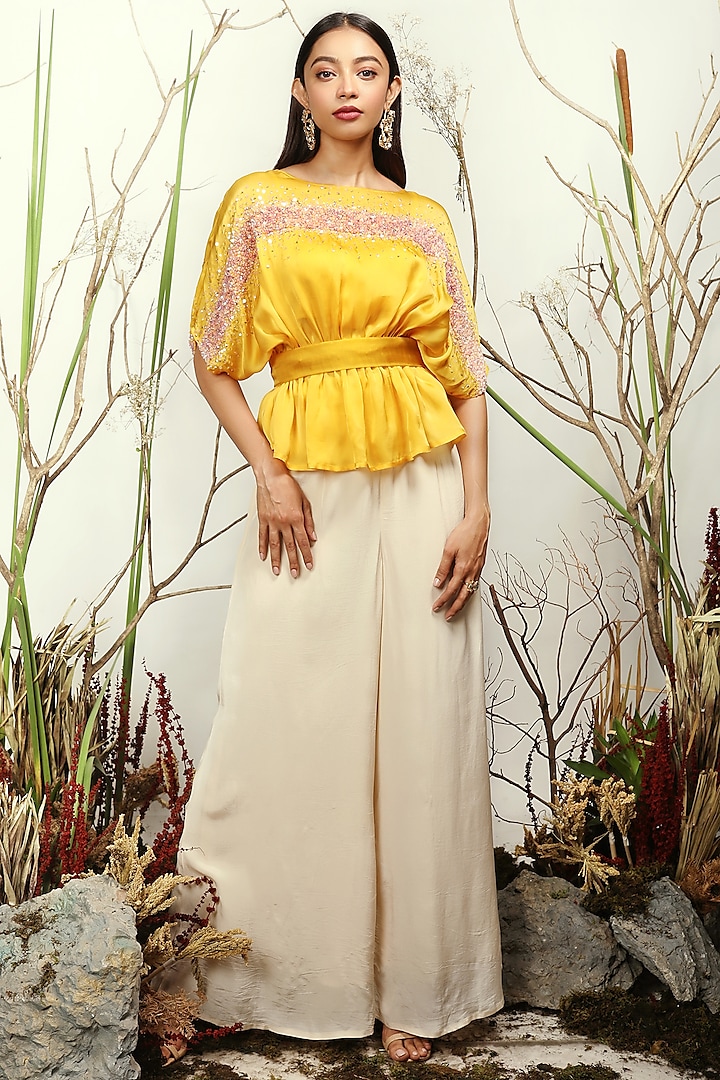 Yellow & Beige Flared Pant Set by Nayantara Couture
