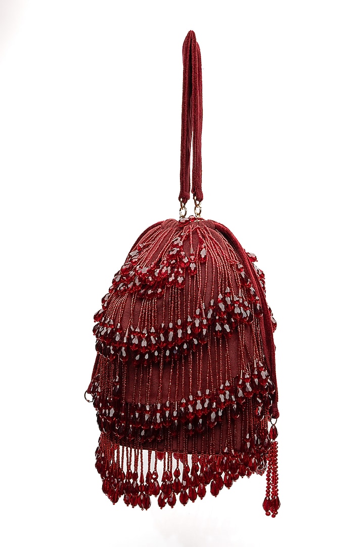 Maroon Velvet Crystal Tassel & Beaded Potli by Nayaab by Sonia at Pernia's Pop Up Shop