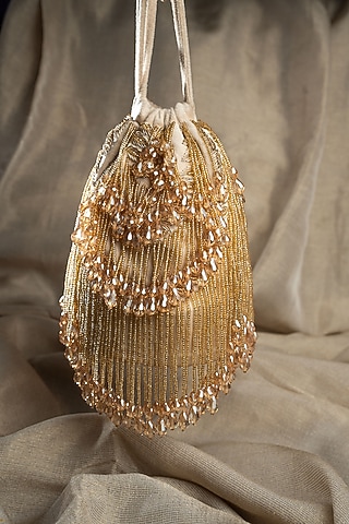 Gold Velvet Crystal Tassel & Beaded Potli by Nayaab by Sonia