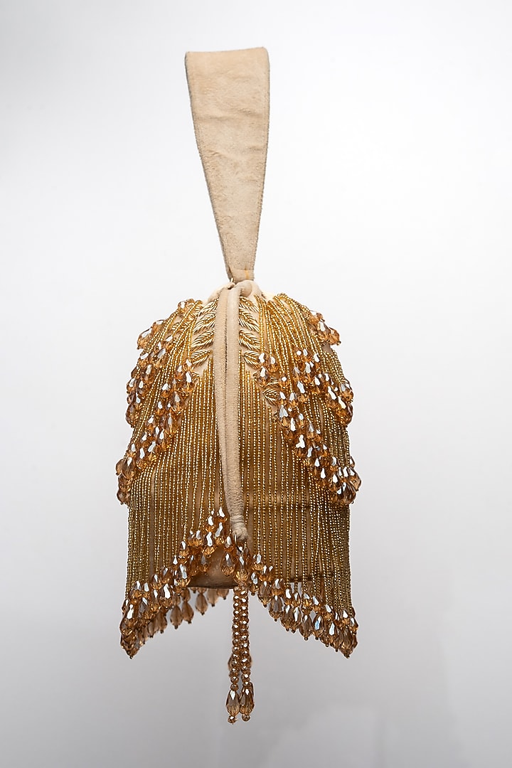 Gold Velvet Crystal Tassel & Beaded Potli by Nayaab by Sonia at Pernia's Pop Up Shop