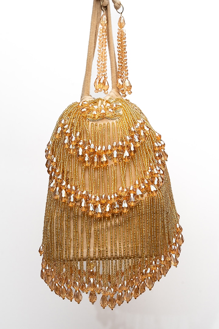 Gold Velvet Crystal Tassel & Beaded Potli by Nayaab by Sonia at Pernia's Pop Up Shop