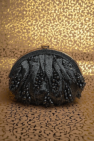 Black Silk Salli & Bead Embroidered Clutch by Nayaab by Sonia
