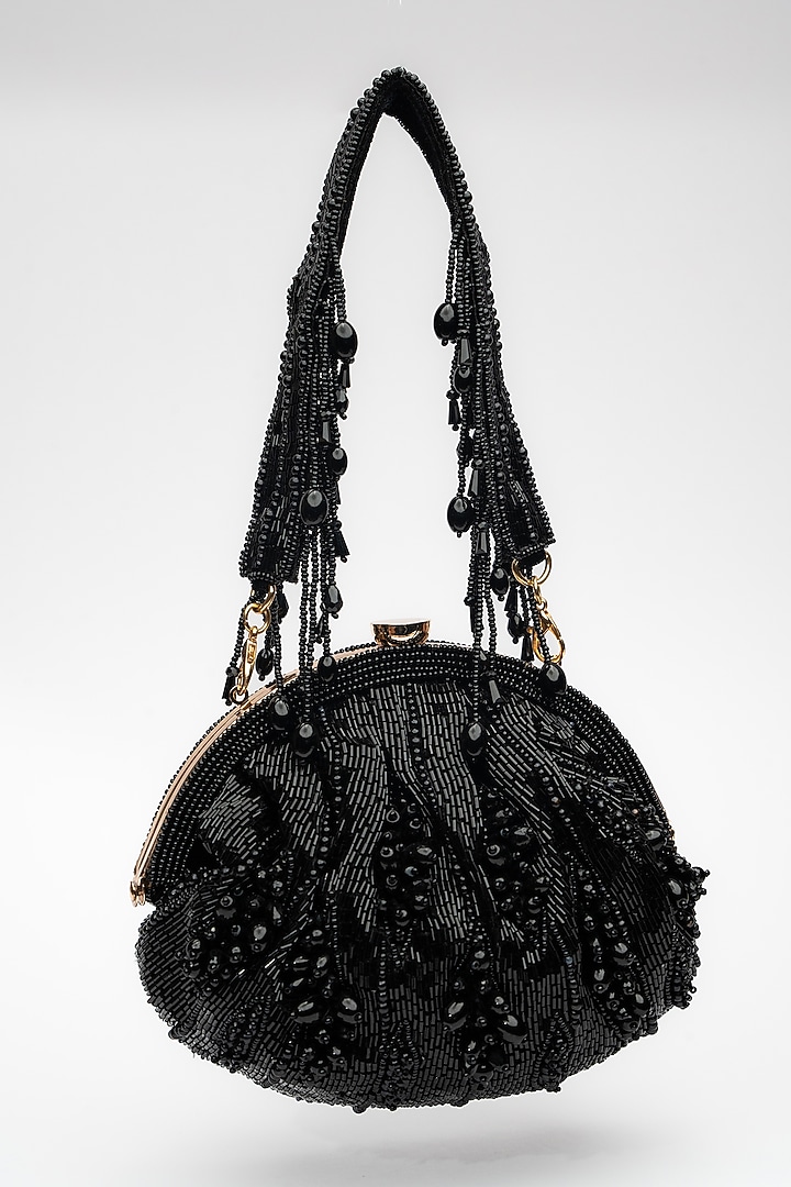 Black Silk Salli & Bead Embroidered Clutch by Nayaab by Sonia at Pernia's Pop Up Shop