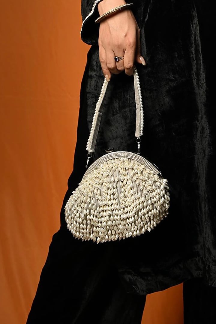 Silver Suede Pearl Drop & Beaded Clutch by Nayaab by Sonia