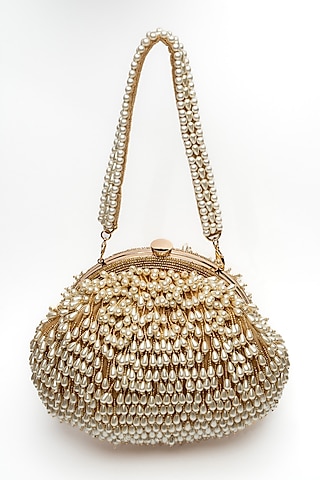 Gold Suede Pearl Drop & Beaded Clutch by Nayaab by Sonia