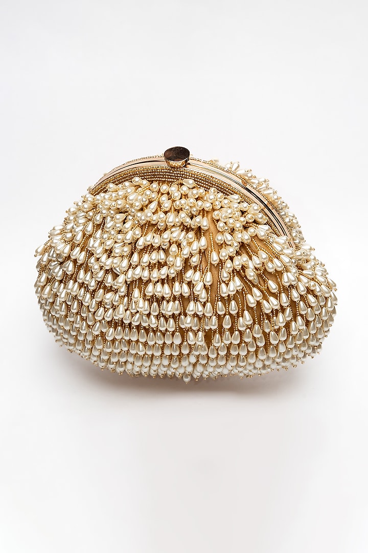 Gold Suede Pearl Drop & Beaded Clutch by Nayaab by Sonia at Pernia's Pop Up Shop