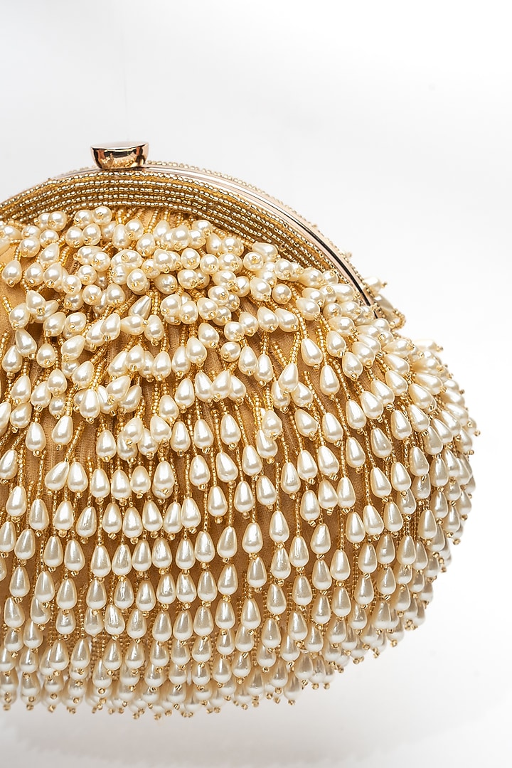 Gold Suede Pearl Drop & Beaded Clutch by Nayaab by Sonia at Pernia's Pop Up Shop