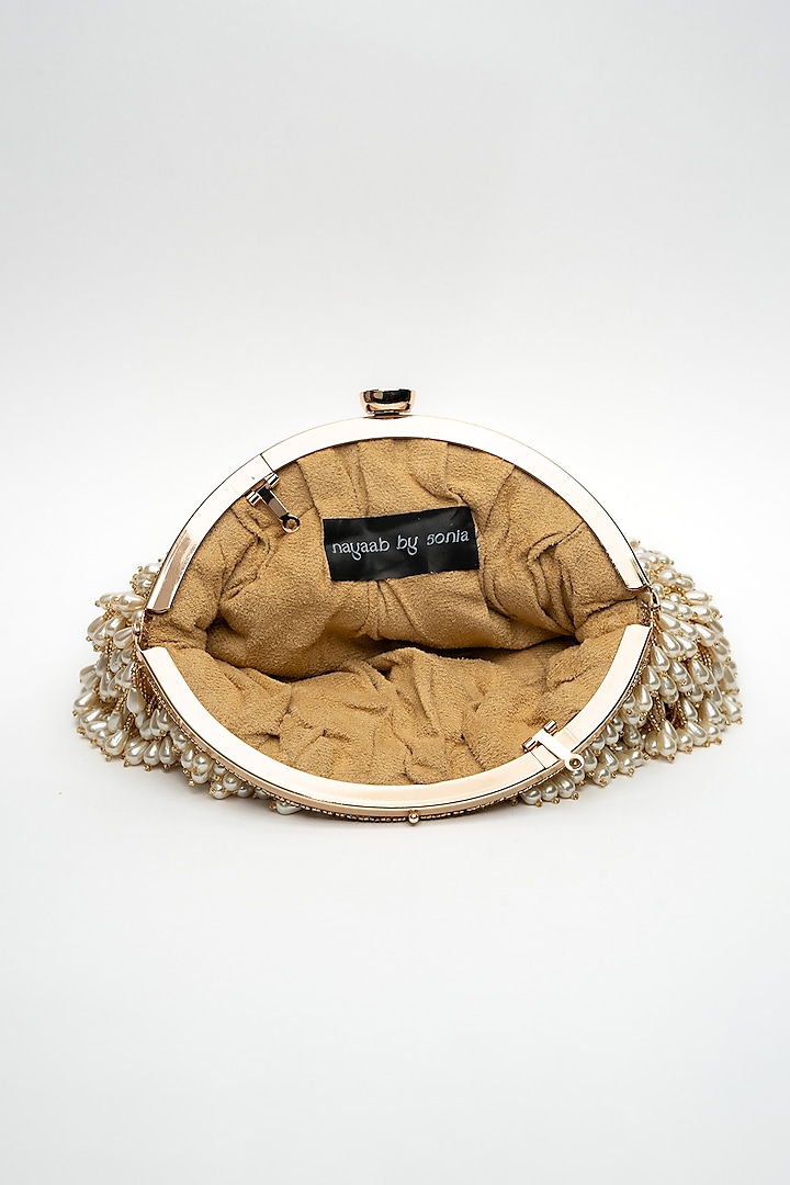 Gold Suede Pearl Drop & Beaded Clutch by Nayaab by Sonia at Pernia's Pop Up Shop