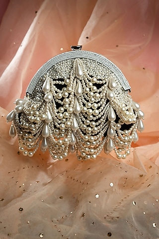 Black Velvet Pearl & Bead Work Clutch by Nayaab by Sonia