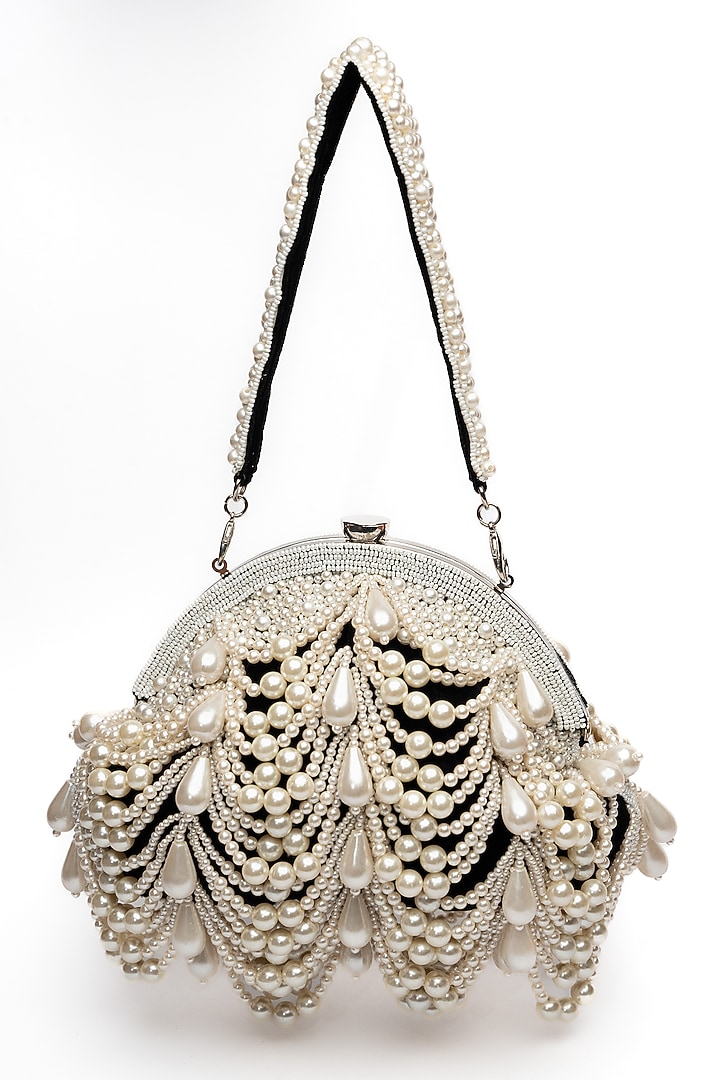 Black Velvet Pearl & Bead Work Clutch by Nayaab by Sonia at Pernia's Pop Up Shop