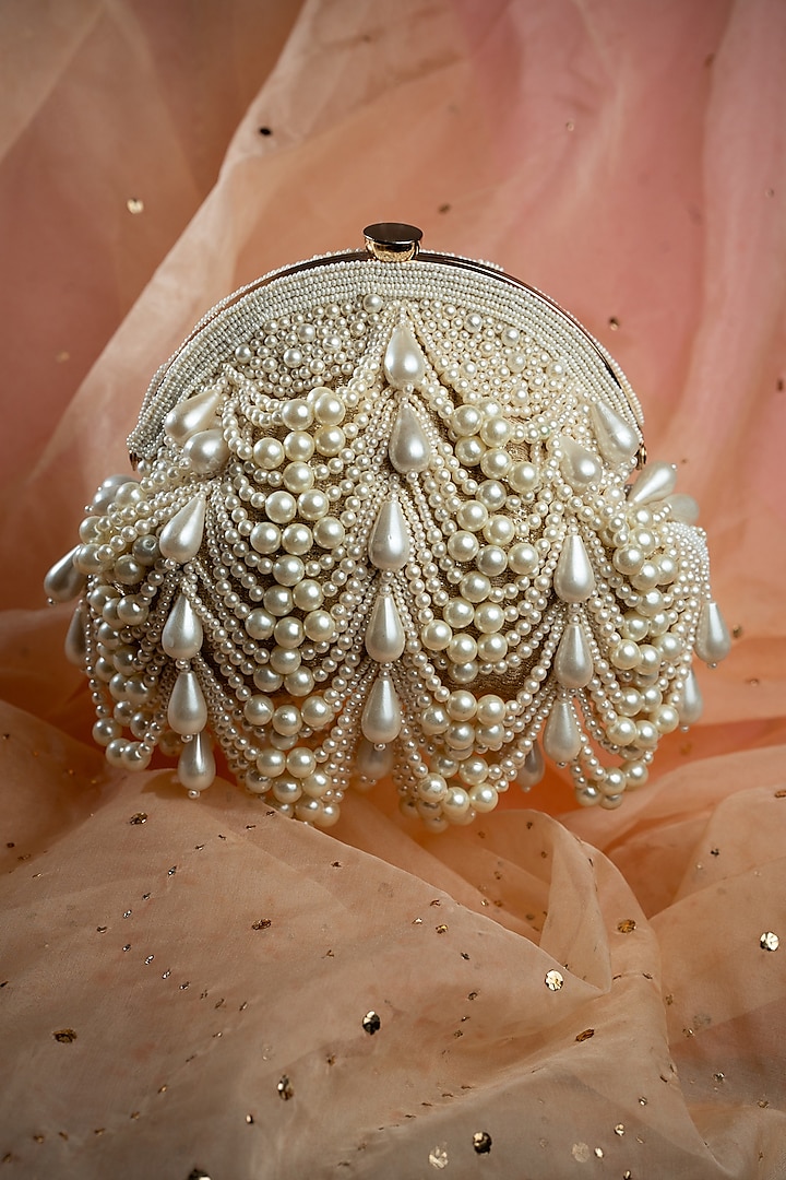 Gold Suede Pearl & Bead Work Clutch by Nayaab by Sonia