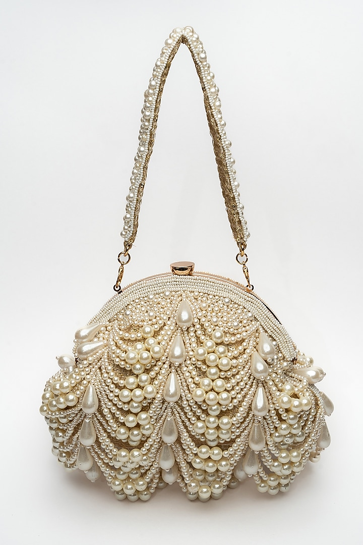 Gold Suede Pearl & Bead Work Clutch by Nayaab by Sonia at Pernia's Pop Up Shop