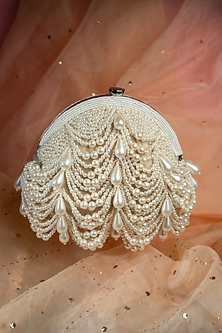 Off-White Suede Pearl & Bead Work Clutch by Nayaab by Sonia