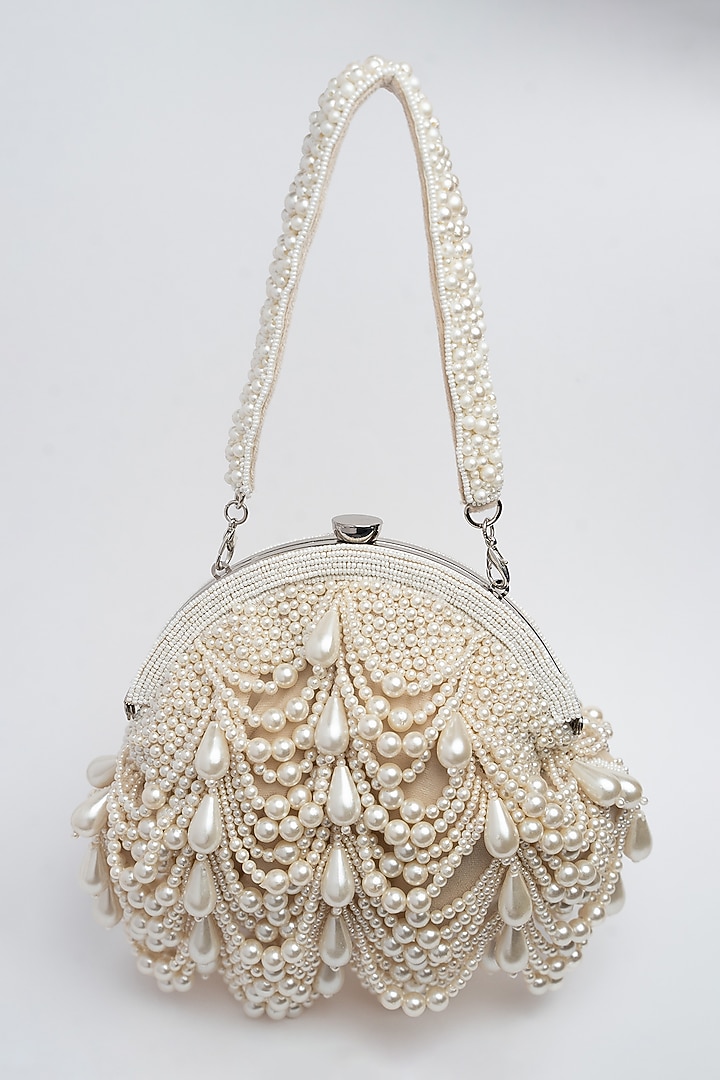 Off-White Suede Pearl & Bead Work Clutch by Nayaab by Sonia at Pernia's Pop Up Shop