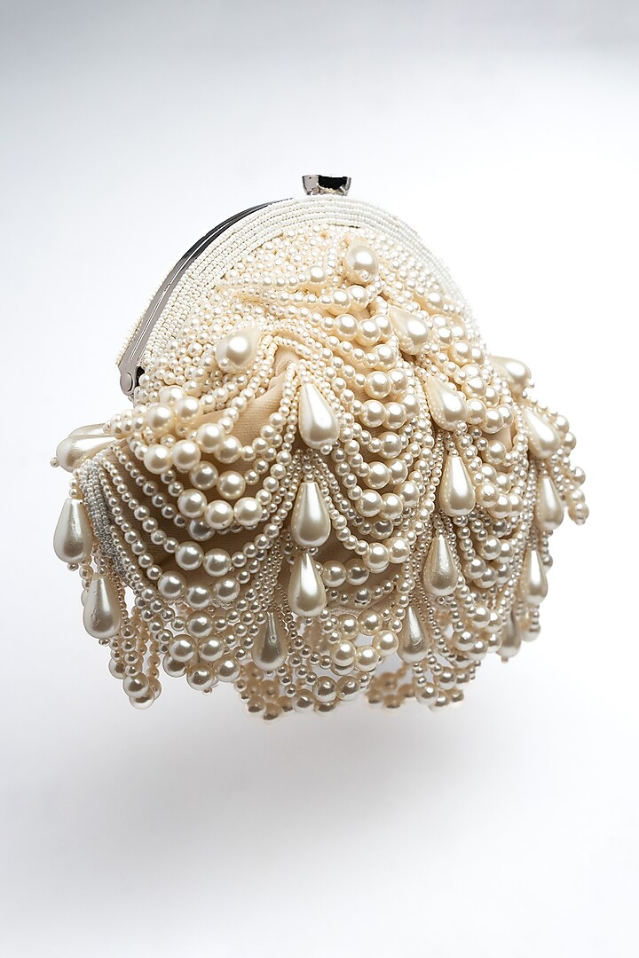 Off-White Suede Pearl & Bead Work Clutch by Nayaab by Sonia at Pernia's Pop Up Shop