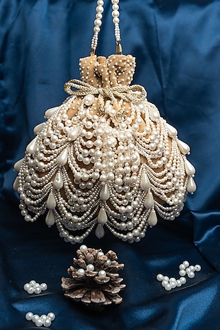 Tan Velvet Pearl Work Potli by Nayaab by Sonia