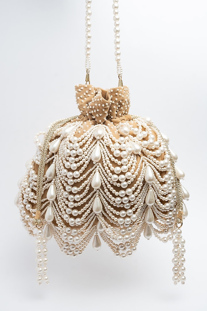 Tan Velvet Pearl Work Potli by Nayaab by Sonia at Pernia's Pop Up Shop