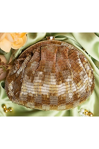 Gold Silk Salli Embroidered Clutch by Nayaab by Sonia