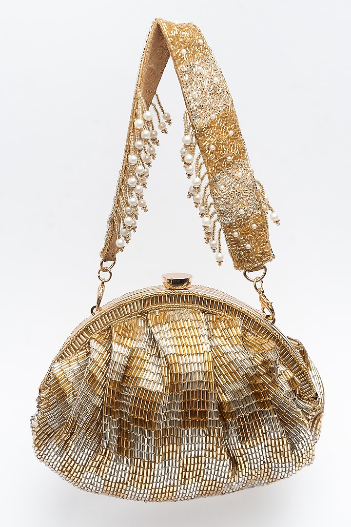 Gold Silk Salli Embroidered Clutch by Nayaab by Sonia at Pernia's Pop Up Shop
