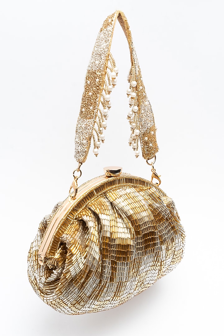 Gold Silk Salli Embroidered Clutch by Nayaab by Sonia at Pernia's Pop Up Shop