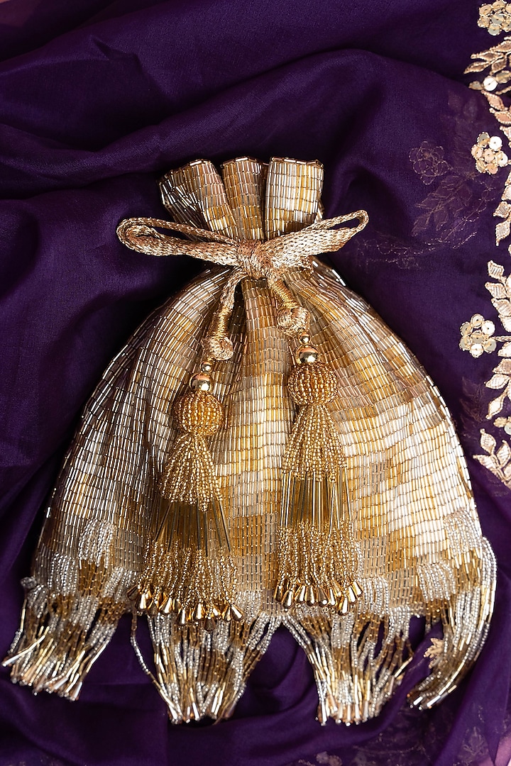Gold Silk Salli & Bead Embroidered Tasseled Potli by Nayaab by Sonia