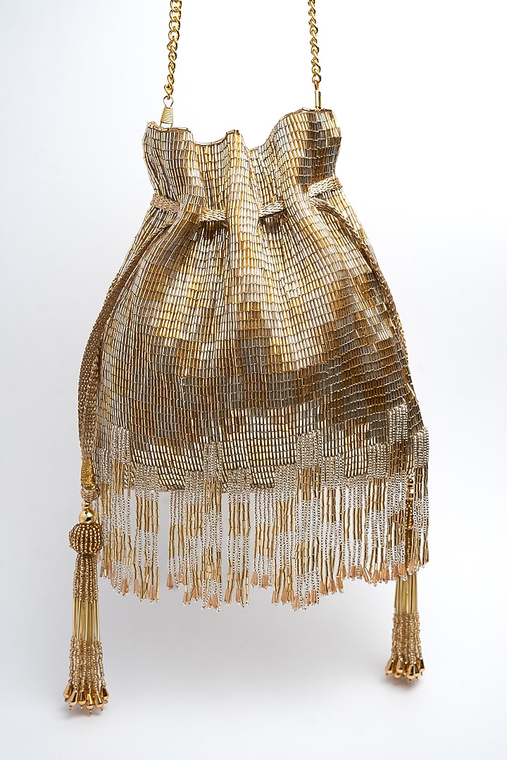 Gold Silk Salli & Bead Embroidered Tasseled Potli by Nayaab by Sonia at Pernia's Pop Up Shop