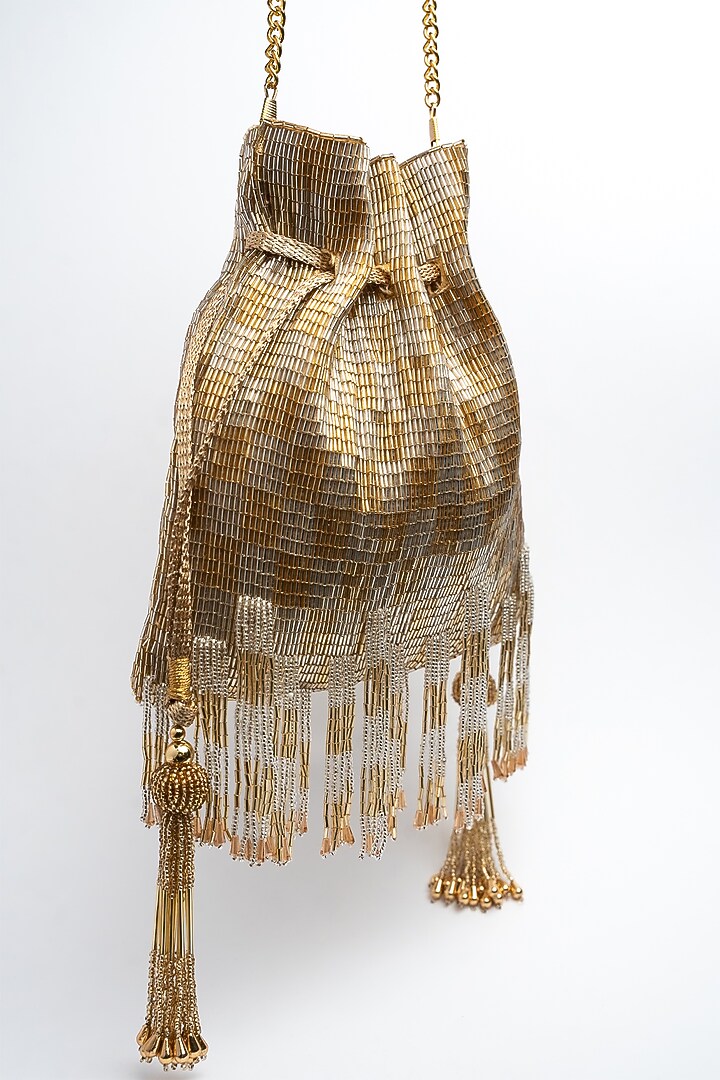 Gold Silk Salli & Bead Embroidered Tasseled Potli by Nayaab by Sonia at Pernia's Pop Up Shop