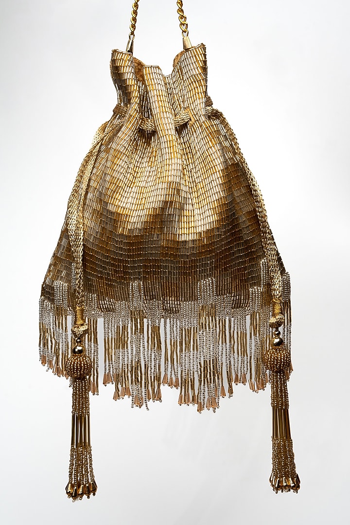 Gold Silk Salli & Bead Embroidered Tasseled Potli by Nayaab by Sonia at Pernia's Pop Up Shop