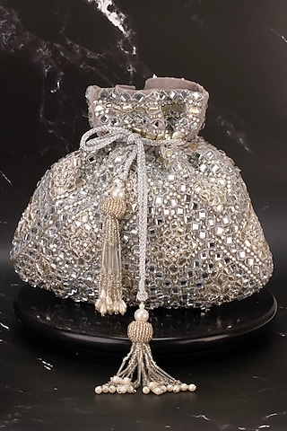 Silver Velvet Mirror Work Potli by Nayaab by Sonia