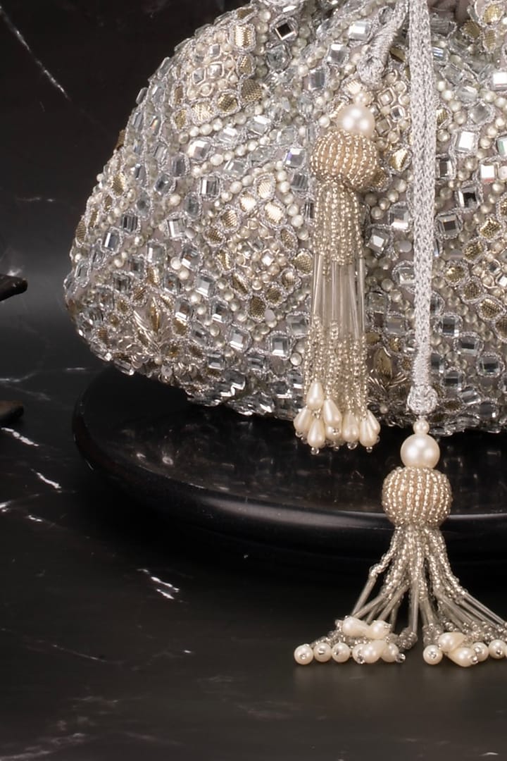 Silver Velvet Mirror Work Potli by Nayaab by Sonia at Pernia's Pop Up Shop