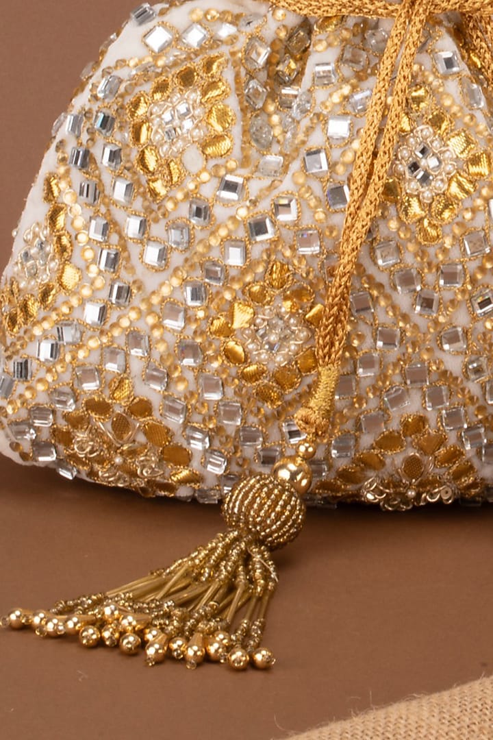 Gold & Ivory Velvet Mirror Work Potli by Nayaab by Sonia at Pernia's Pop Up Shop