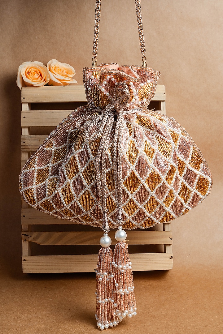 Gold & Rose Pink Shaded Suede Pearl Work Potli by Nayaab by Sonia at Pernia's Pop Up Shop