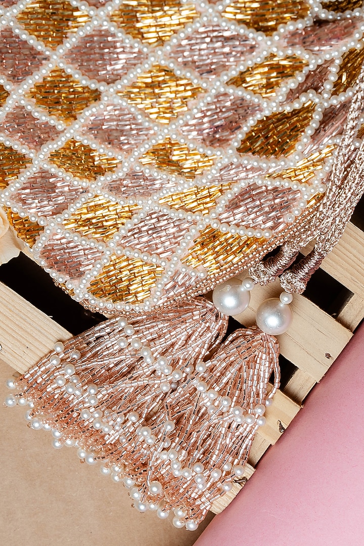 Gold & Rose Pink Shaded Suede Pearl Work Potli by Nayaab by Sonia at Pernia's Pop Up Shop