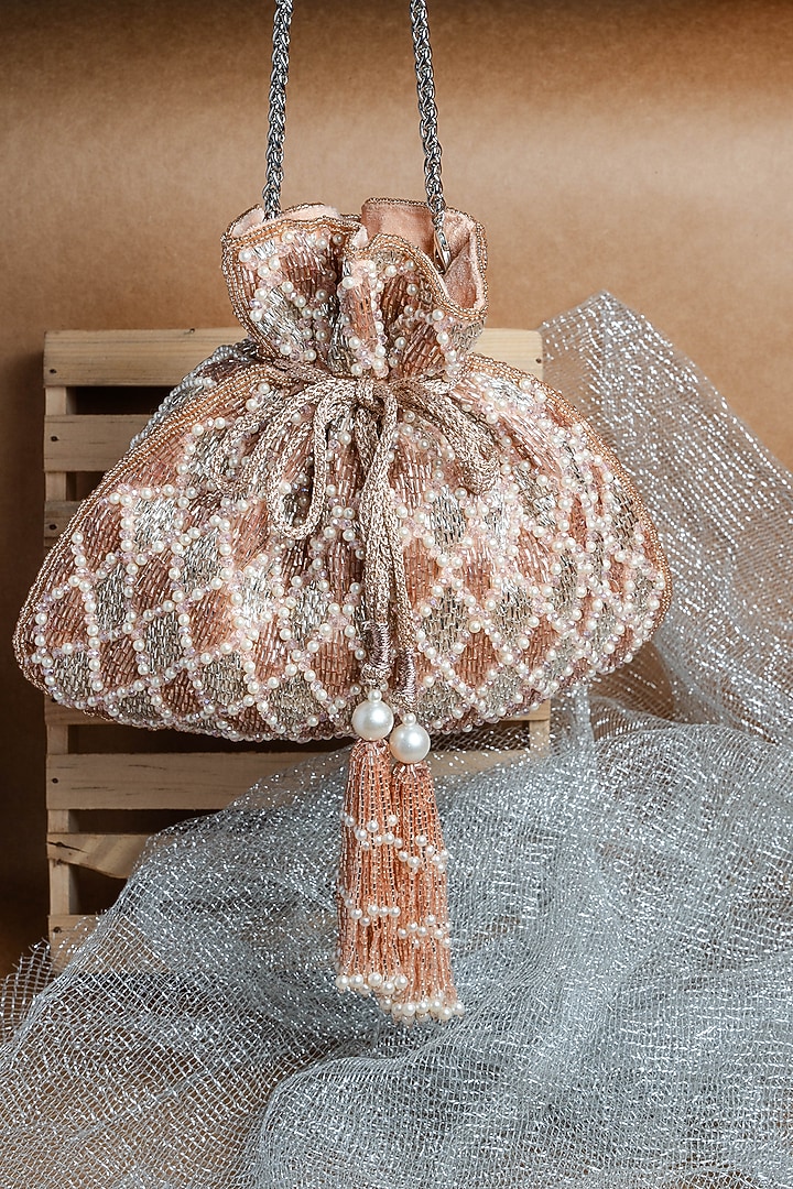 Silver & Rose Pink Shaded Suede Pearl Work Potli by Nayaab by Sonia at Pernia's Pop Up Shop