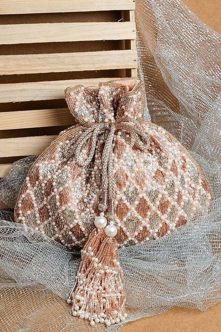 Silver & Rose Pink Shaded Suede Pearl Work Potli by Nayaab by Sonia at Pernia's Pop Up Shop