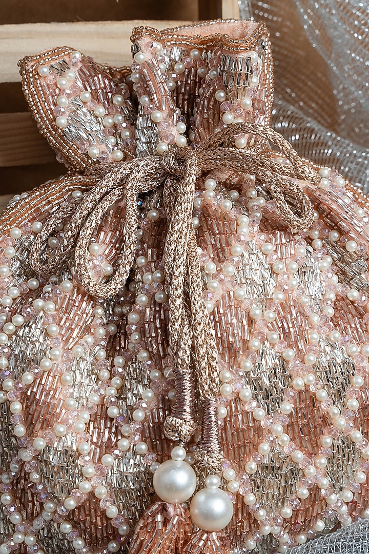 Silver & Rose Pink Shaded Suede Pearl Work Potli by Nayaab by Sonia at Pernia's Pop Up Shop