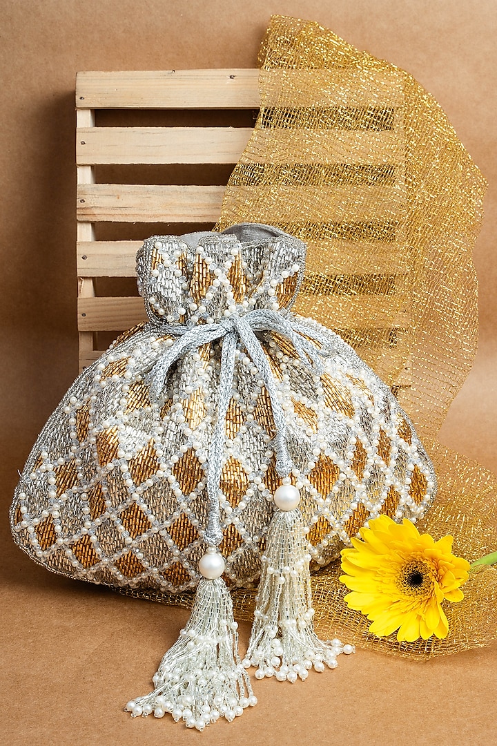 Silver & Gold Shaded Suede Pearl Work Potli by Nayaab by Sonia at Pernia's Pop Up Shop