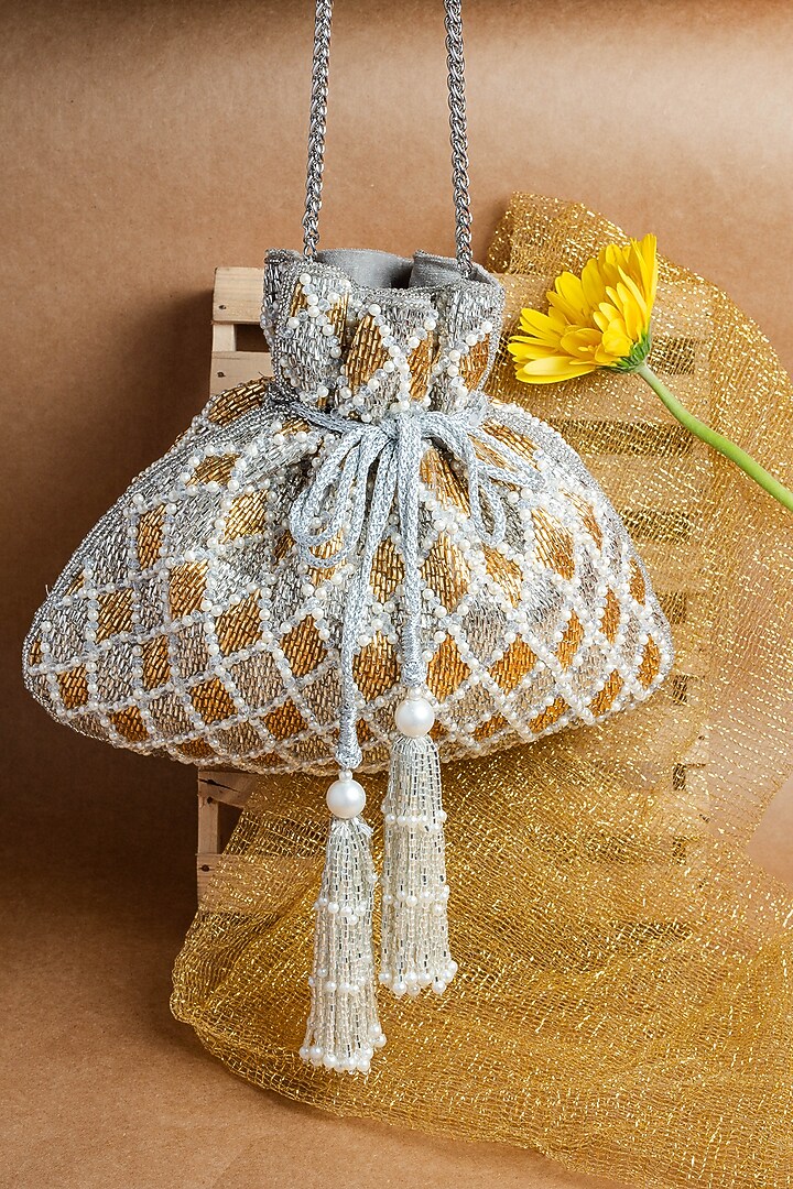 Silver & Gold Shaded Suede Pearl Work Potli by Nayaab by Sonia at Pernia's Pop Up Shop