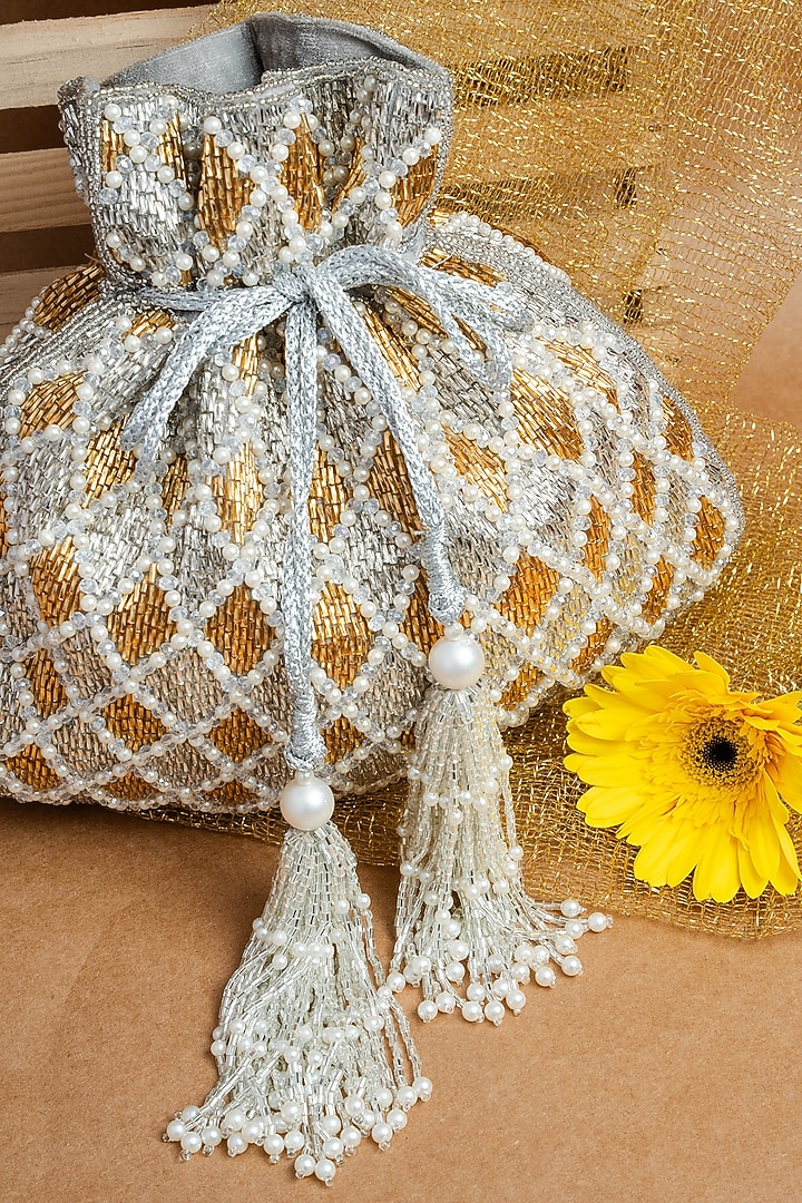 Silver & Gold Shaded Suede Pearl Work Potli by Nayaab by Sonia at Pernia's Pop Up Shop